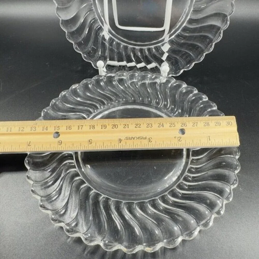Fostoria Colony Swirl Dish Plate Set 2 Clear Glass Manganese 365nm Green UV Glow